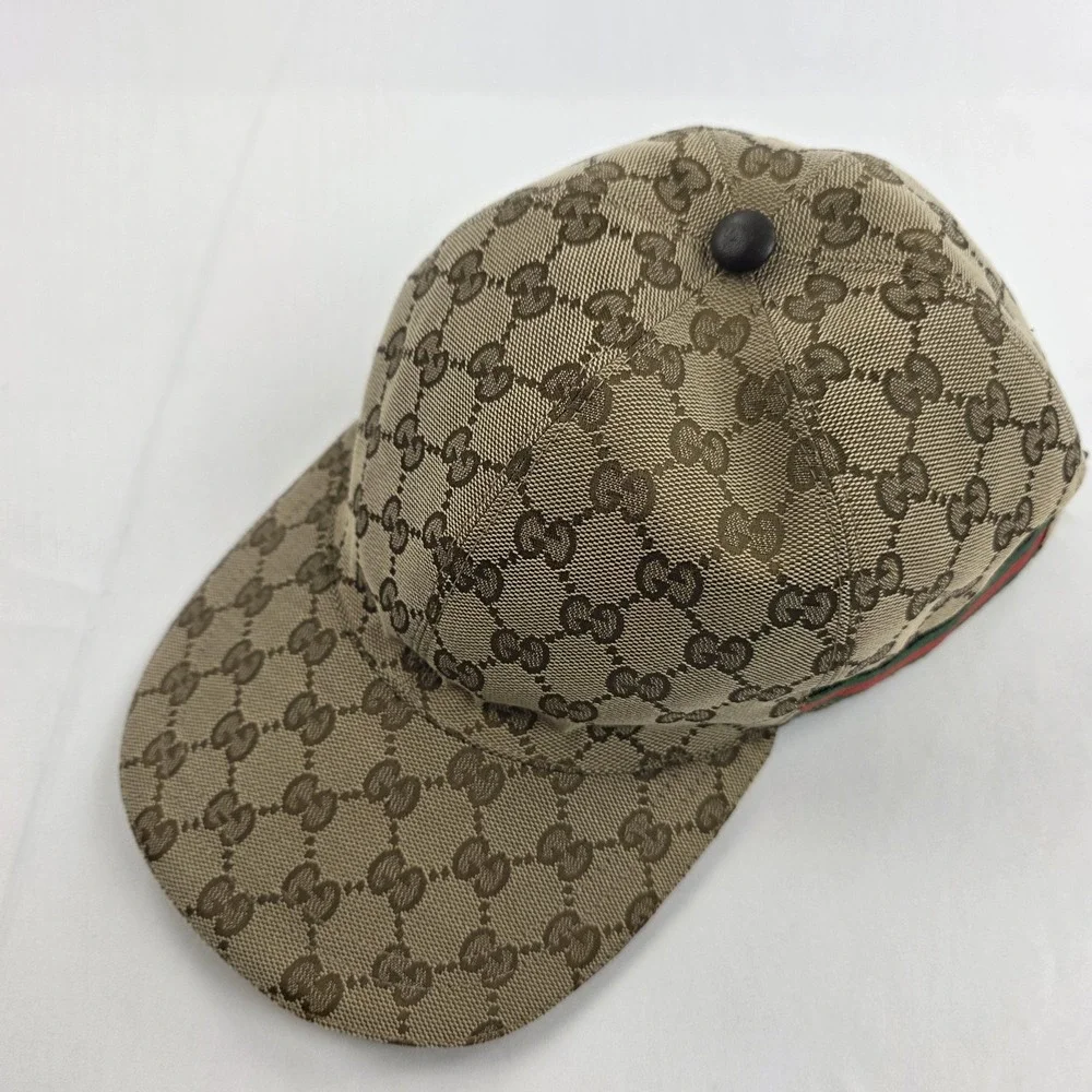 Gucci Hat Cap Strap Back Beige GG Monogram Web Stripe Mens Large Italy